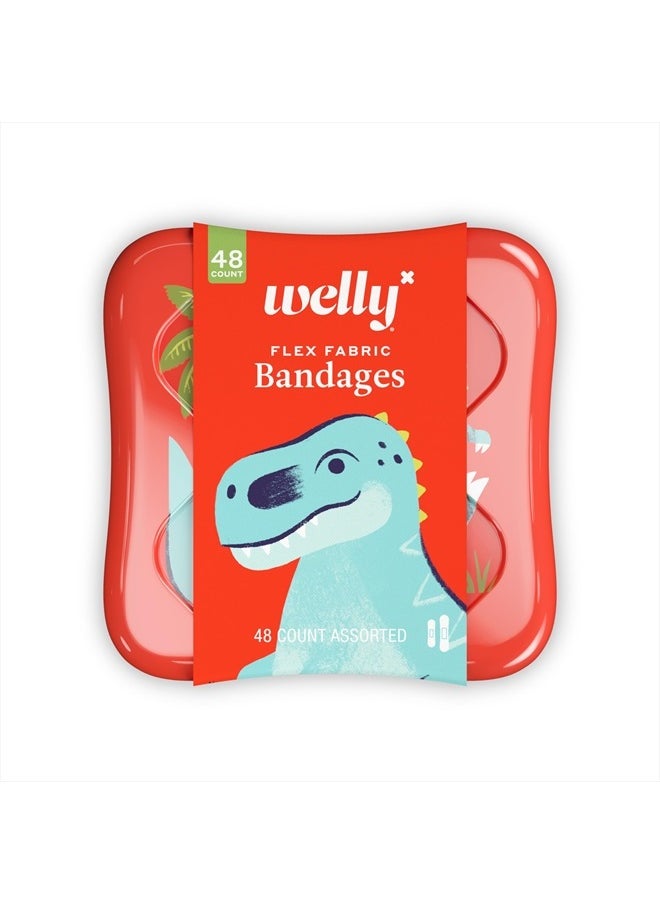 Bandages | Adhesive Flexible Fabric Bravery Badges | Assorted Shapes for Minor Cuts, Scrapes, and Wounds | Colorful and Fun First Aid Tin | Dinosaur Patterns - 48 Count