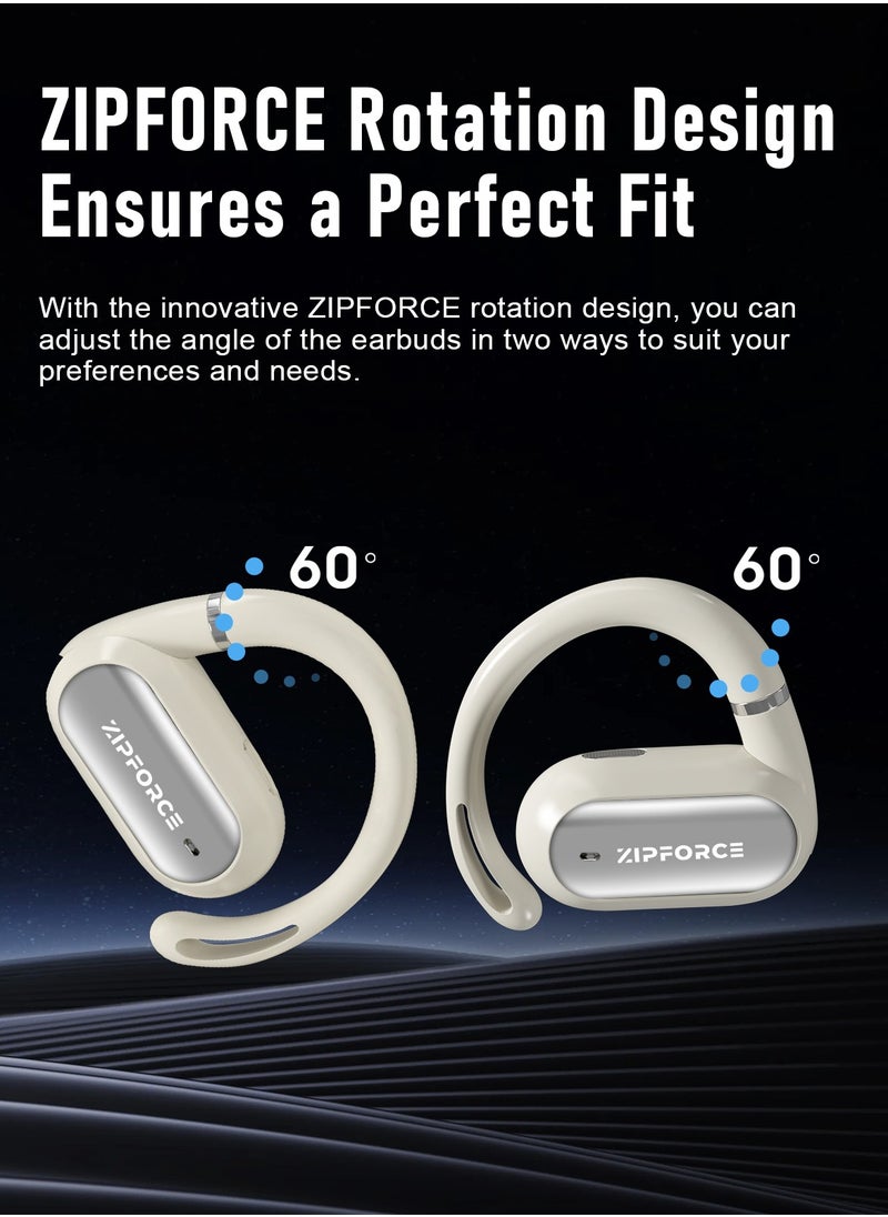 ZIPFORCE True Wireless Earbuds, Open Ear Bluetooth 5.4 Headphones 4-Mics ENC Clear Call, OWS Bluetooth Earbuds Touch Control, IPX6 Waterproof TWS, Light-Weight Earphones