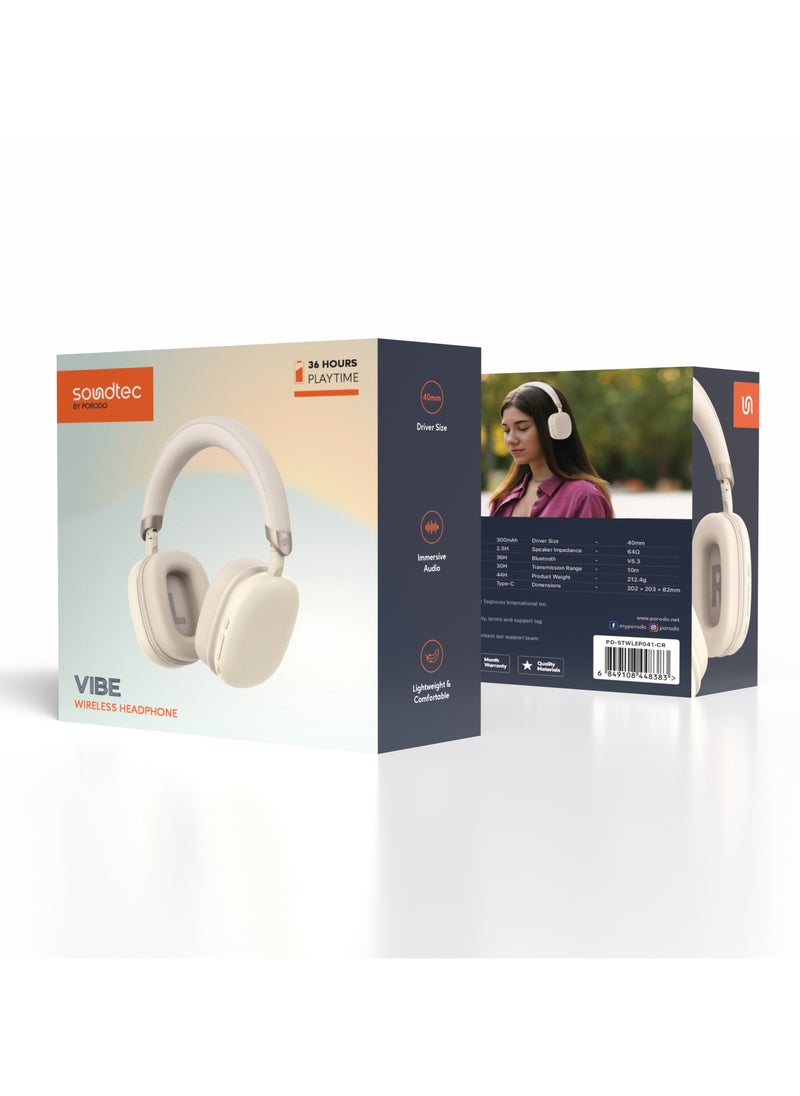 Vibe Wireless Headphone / Lightweight & Comfortable / Immersive Audio / Extended Battery Life / Stable and Fast Connection Bluetooth v5.3 - Cream