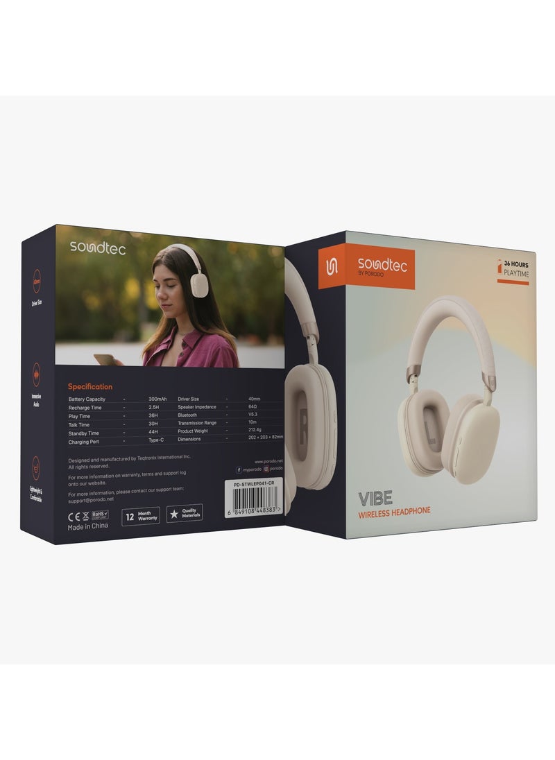 Vibe Wireless Headphone / Lightweight & Comfortable / Immersive Audio / Extended Battery Life / Stable and Fast Connection Bluetooth v5.3 - Cream
