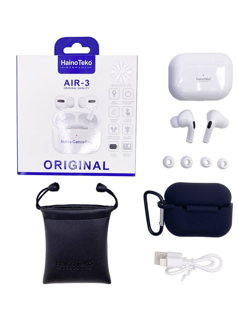 Air-3 Wireless Bluetooth Earbuds Apple & Android Compatibility Built-in Microphone True Wireless Earbuds in-Ear Bluetooth Headphones Earphones Auto Power On/Off Touch Control With Case Noise Cancelling White