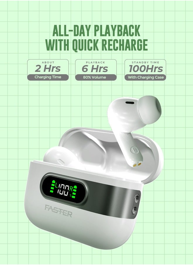 Slick X Wireless Earbuds with Extra Ear Tips - 6 Hours Playtime with Bluetooth 5.4 - HiFi Stereo Sound - Gaming Bluetooth Earphones with Ultra-Low Latency - Deep Bass, Touch Control - For Exercise, Gym - Compatible with iPhone & Android (White)