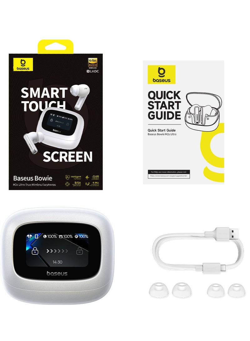 Bowie M2s Ultra True Wireless Earbuds with Hybrid Active Noise Cancellation -52dB, 4-Mic Environmental Noise Reduction, Ultra-Low Latency 0.06s for Gaming, Bluetooth 5.4, Fast Charging, 7H Playback (30H with Case), Touchscreen Charging Case, Hi-Fi Stereo Sound, Hi-Res Audio, Comfortable Fit, Voice Assistant (White) Moon White