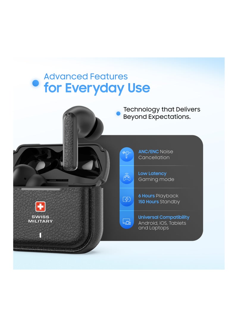 Swiss Military Victor RT75 PRO Active Noise Cancelling Earbuds - ENC & Transparency Mode, Hi-Res LDAC, Smart Touch Sensors, 180 Days Standby, 6Hr Music Time, Compatible with Android/iOS - Black