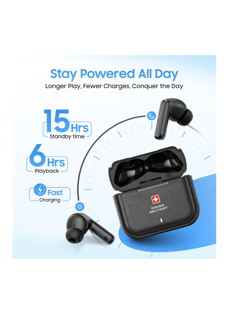 Swiss Military Victor RT75 PRO Active Noise Cancelling Earbuds - ENC & Transparency Mode, Hi-Res LDAC, Smart Touch Sensors, 180 Days Standby, 6Hr Music Time, Compatible with Android/iOS - Black