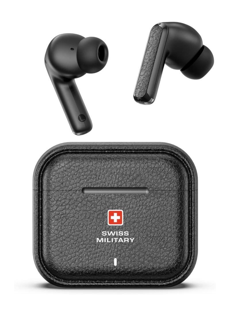 Swiss Military Victor RT75 PRO Active Noise Cancelling Earbuds - ENC & Transparency Mode, Hi-Res LDAC, Smart Touch Sensors, 180 Days Standby, 6Hr Music Time, Compatible with Android/iOS - Black