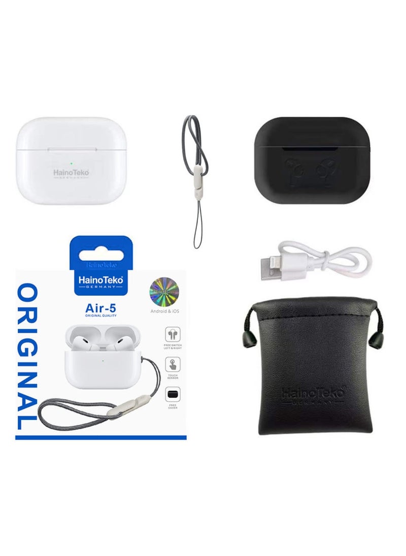 Air-5 Wireless Bluetooth Earbuds Apple & Android Compatibility Built-in Microphone True Wireless Earbuds in-Ear Bluetooth Headphones Earphones Auto Power On/Off Touch Control White