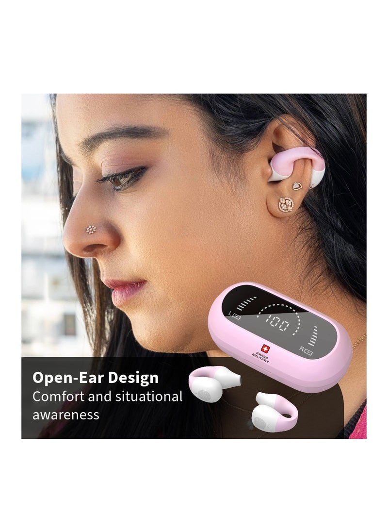 Swiss Military Delta Active Noise Cancelling Earbuds - Air Conduction Technology, Smart Touch Sensors, 100 Precise Power Indicator, 5 Hr Music Time, Compatible with Android/iOS - Pink