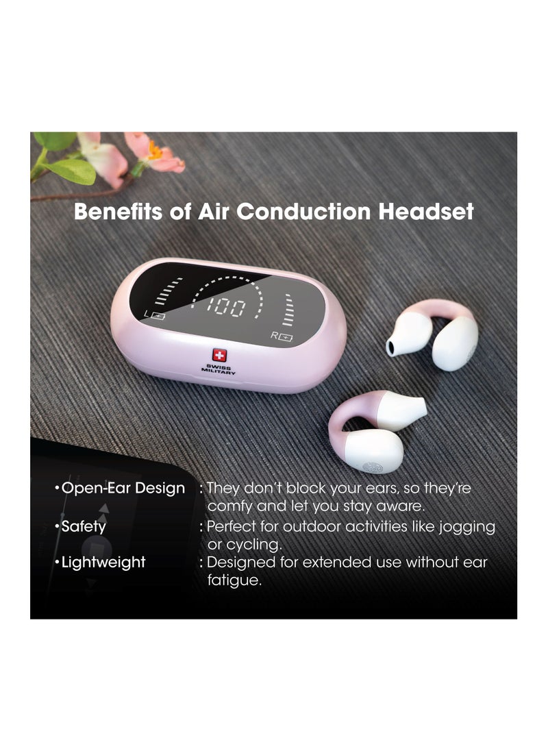Swiss Military Delta Active Noise Cancelling Earbuds - Air Conduction Technology, Smart Touch Sensors, 100 Precise Power Indicator, 5 Hr Music Time, Compatible with Android/iOS - Pink