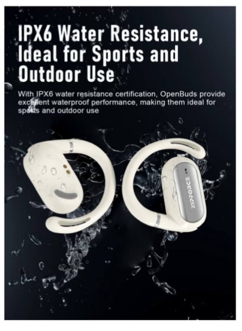 ZIPFORCE True Wireless Earbuds, Open Ear Bluetooth 5.4 Headphones 4-Mics ENC Clear Call, OWS Bluetooth Earbuds Touch Control, IPX6 Waterproof TWS, Light-Weight Earphones