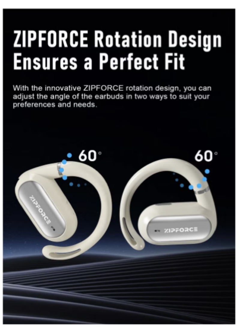 ZIPFORCE True Wireless Earbuds, Open Ear Bluetooth 5.4 Headphones 4-Mics ENC Clear Call, OWS Bluetooth Earbuds Touch Control, IPX6 Waterproof TWS, Light-Weight Earphones