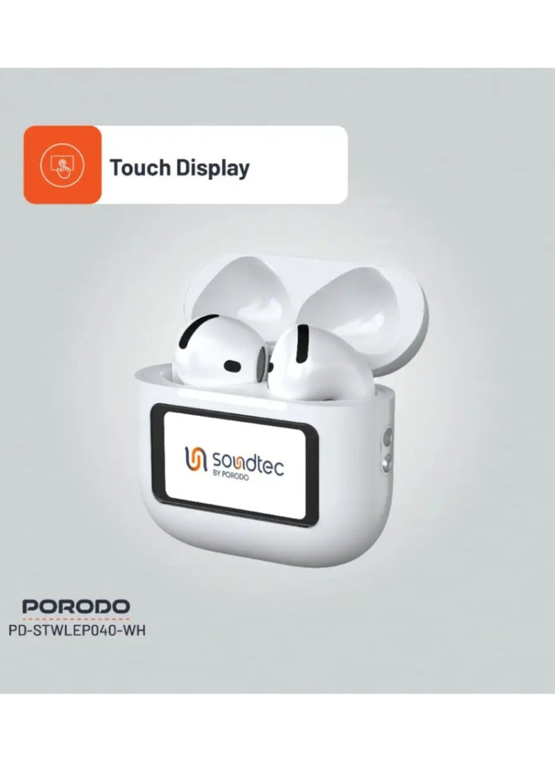 Soundtec Glimpse ANC Earbuds with Touch Display & Touch Control, 4 Hours of Play Time, Personalized App Control, High-Fidelity Audio, 300mAh Battery Capacity, 10m Transmission Range - White