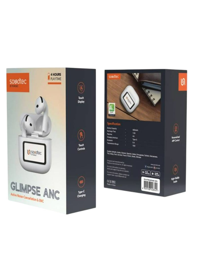 Soundtec Glimpse ANC Earbuds with Touch Display & Touch Control, 4 Hours of Play Time, Personalized App Control, High-Fidelity Audio, 300mAh Battery Capacity, 10m Transmission Range - White