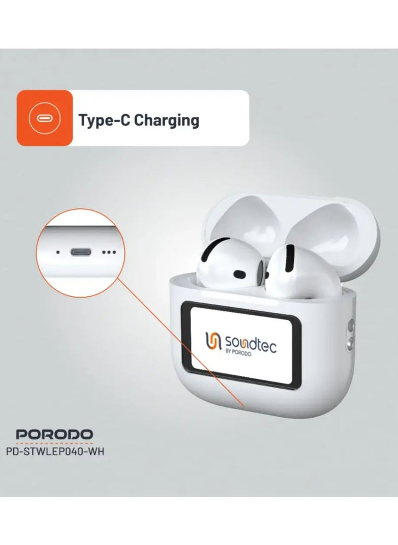 Soundtec Glimpse ANC Earbuds with Touch Display & Touch Control, 4 Hours of Play Time, Personalized App Control, High-Fidelity Audio, 300mAh Battery Capacity, 10m Transmission Range - White