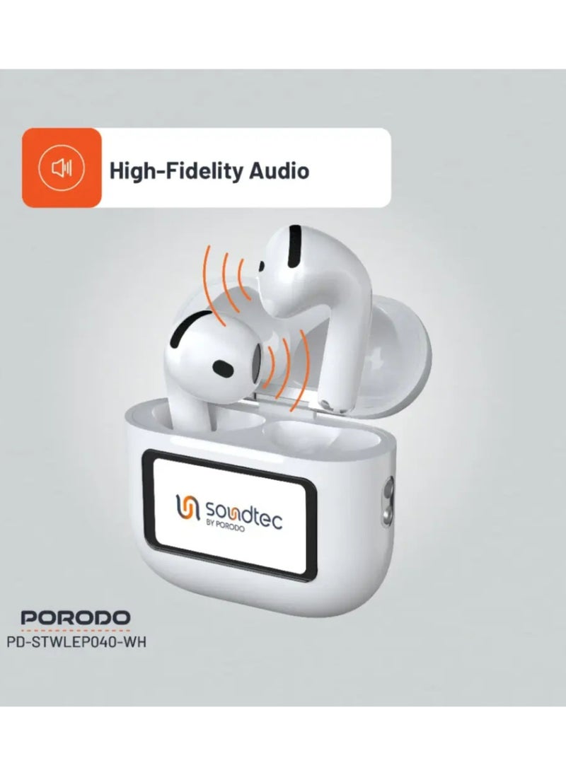Soundtec Glimpse ANC Earbuds with Touch Display & Touch Control, 4 Hours of Play Time, Personalized App Control, High-Fidelity Audio, 300mAh Battery Capacity, 10m Transmission Range - White
