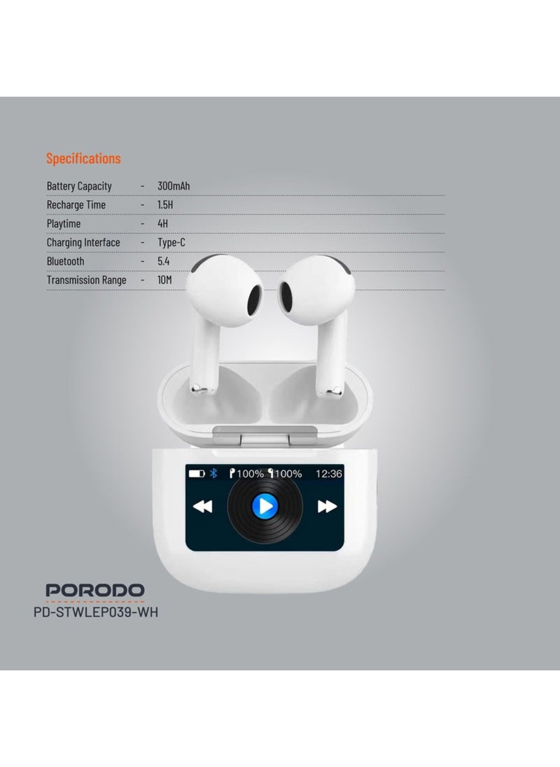 Soundtec Glimpse Earbuds with Touch Display, TWS, Portable, Bluetooth 5.4, 4 Hours Playtime, 300mAh Battery Capacity, Touch Controls - White