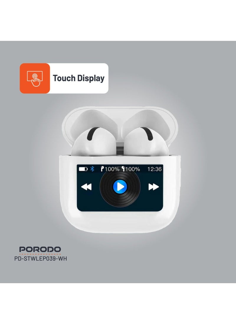 Soundtec Glimpse Earbuds with Touch Display, TWS, Portable, Bluetooth 5.4, 4 Hours Playtime, 300mAh Battery Capacity, Touch Controls - White