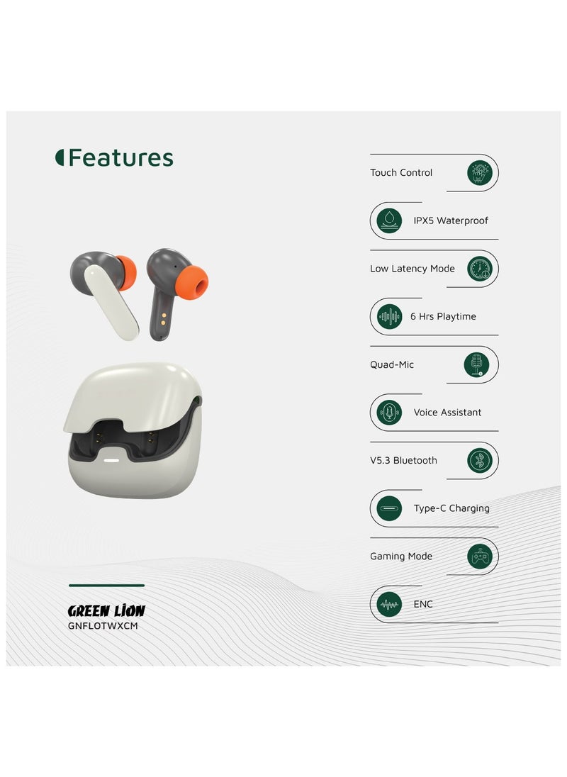 Florence TWS True Wireless ENC Earbuds with Low Latency and Touch Control / Gaming Mode / Voice Assistant / Quad-Mic / Type-C Charging / Seamless Sound and Zero Lag / Up to 6 Hours Working Time - White