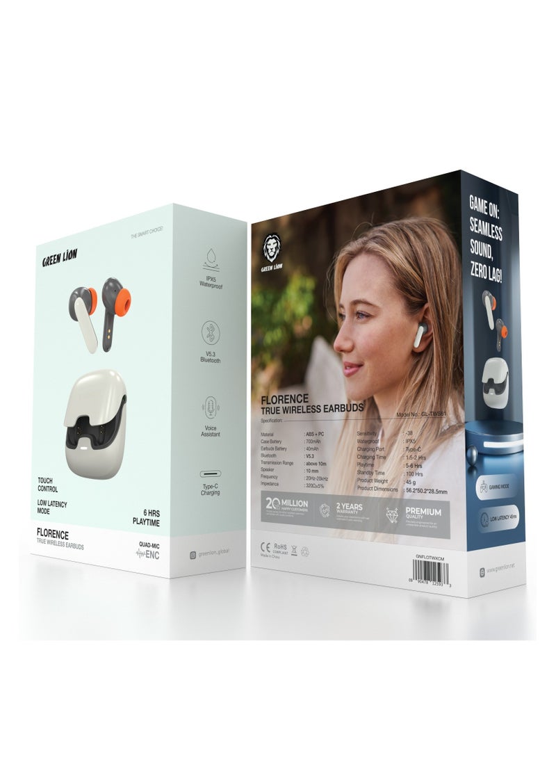 Florence TWS True Wireless ENC Earbuds with Low Latency and Touch Control / Gaming Mode / Voice Assistant / Quad-Mic / Type-C Charging / Seamless Sound and Zero Lag / Up to 6 Hours Working Time - White