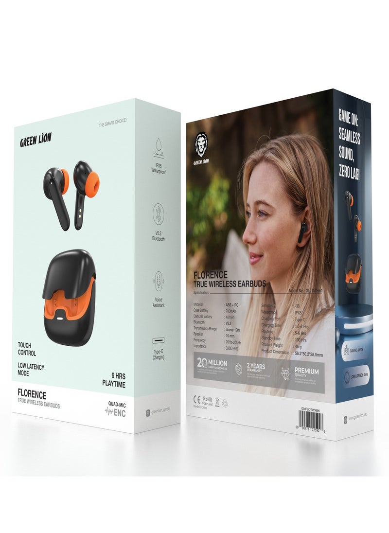 Florence TWS True Wireless Earbuds with ENC, Low Latency and Touch Control / Gaming Mode / Voice Assistant / Quad-Mic / Type-C Charging / Seamless Sound and Zero Lag / Up to 6 Hours Working Time - Black
