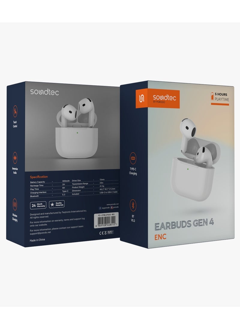 Earbuds Gen 4 with Touch Control and ENC Noise Reduction / Immersive Audio / Wireless and Type-C Charging / Bluetooth v5.3 - White