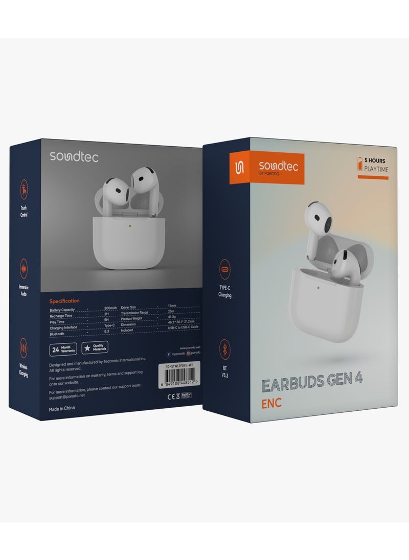 Earbuds Gen 4 with Touch Control and ENC Noise Reduction / Immersive Audio / Wireless and Type-C Charging / Bluetooth v5.3 - White