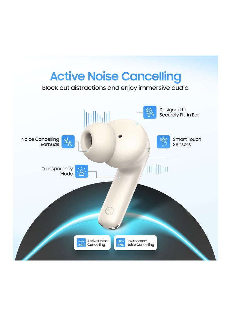 Swiss Military Victor RT75 PRO Active Noise Cancelling Earbuds - ENC & Transparency Mode, Hi-Res LDAC, Smart Touch Sensors, 180 Days Standby, 6Hr Music Time, Compatible with Android/iOS - Cream