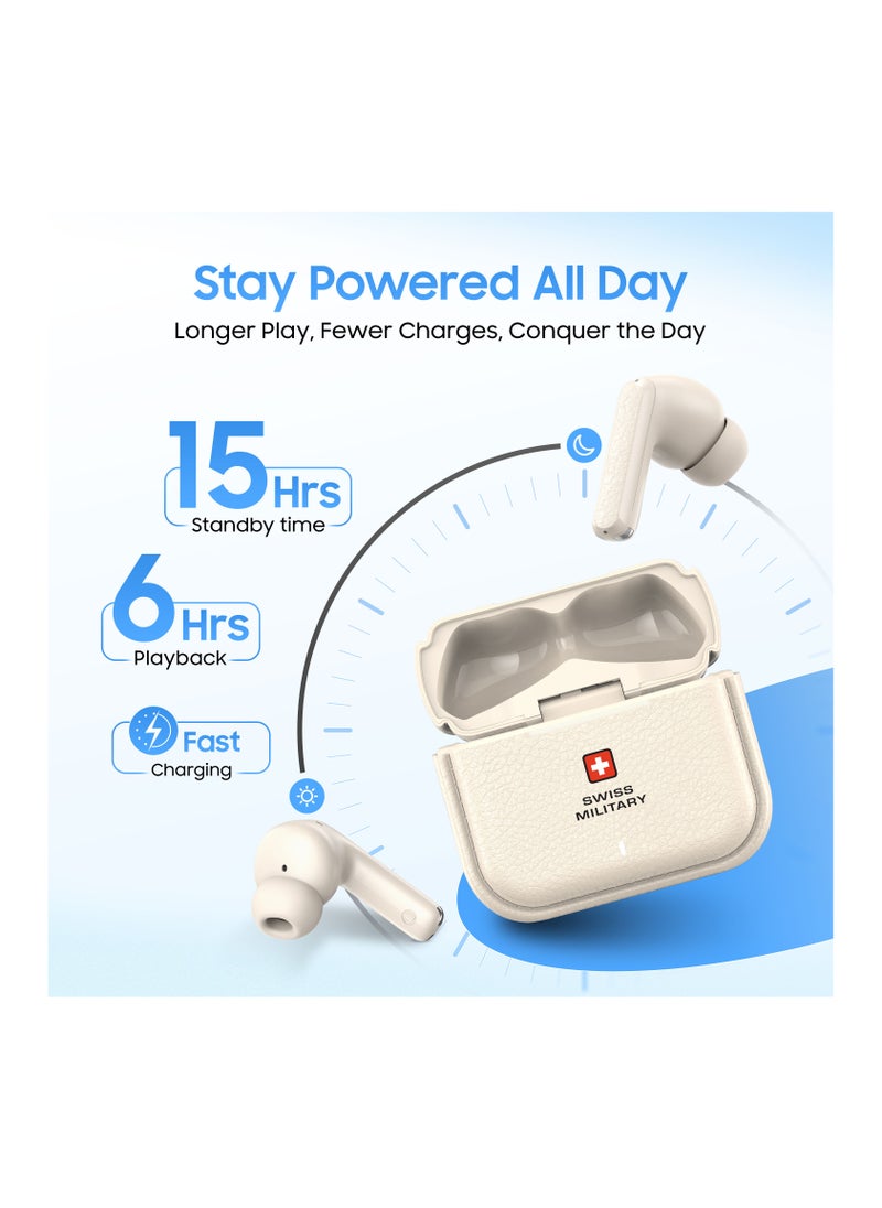 Swiss Military Victor RT75 PRO Active Noise Cancelling Earbuds - ENC & Transparency Mode, Hi-Res LDAC, Smart Touch Sensors, 180 Days Standby, 6Hr Music Time, Compatible with Android/iOS - Cream