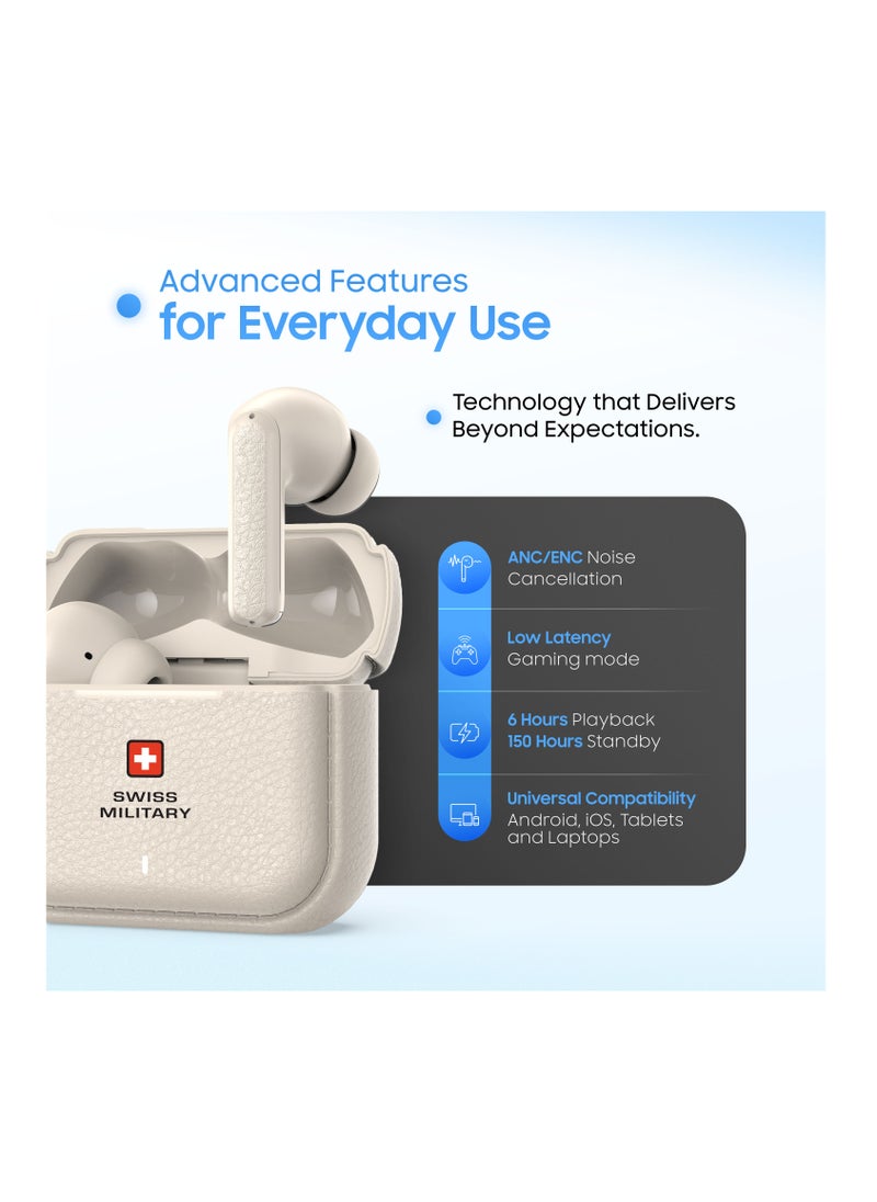 Swiss Military Victor RT75 PRO Active Noise Cancelling Earbuds - ENC & Transparency Mode, Hi-Res LDAC, Smart Touch Sensors, 180 Days Standby, 6Hr Music Time, Compatible with Android/iOS - Cream