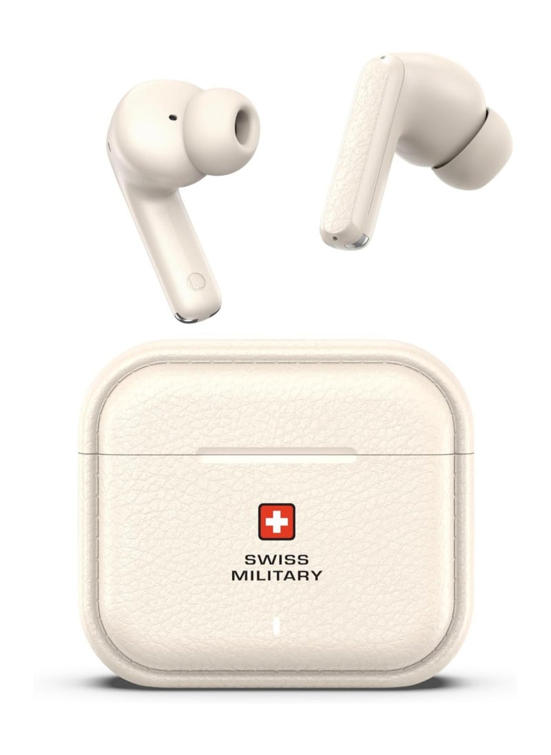 Swiss Military Victor RT75 PRO Active Noise Cancelling Earbuds - ENC & Transparency Mode, Hi-Res LDAC, Smart Touch Sensors, 180 Days Standby, 6Hr Music Time, Compatible with Android/iOS - Cream