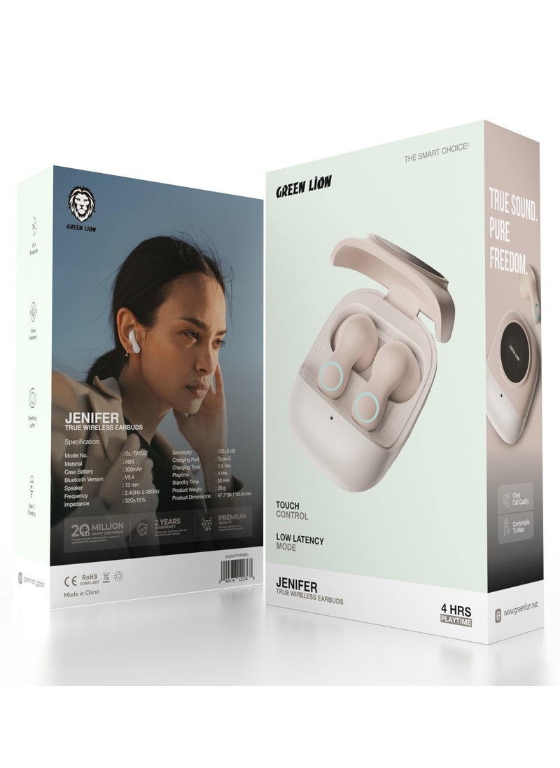 Jenifer True Wireless Earbuds TWS / Voice Assistant / Touch Control / Breathing Lights / Low Latency Mode / Clear Call Quality / Comfortable / High-Quality Sound / Immersive Audio - Beige