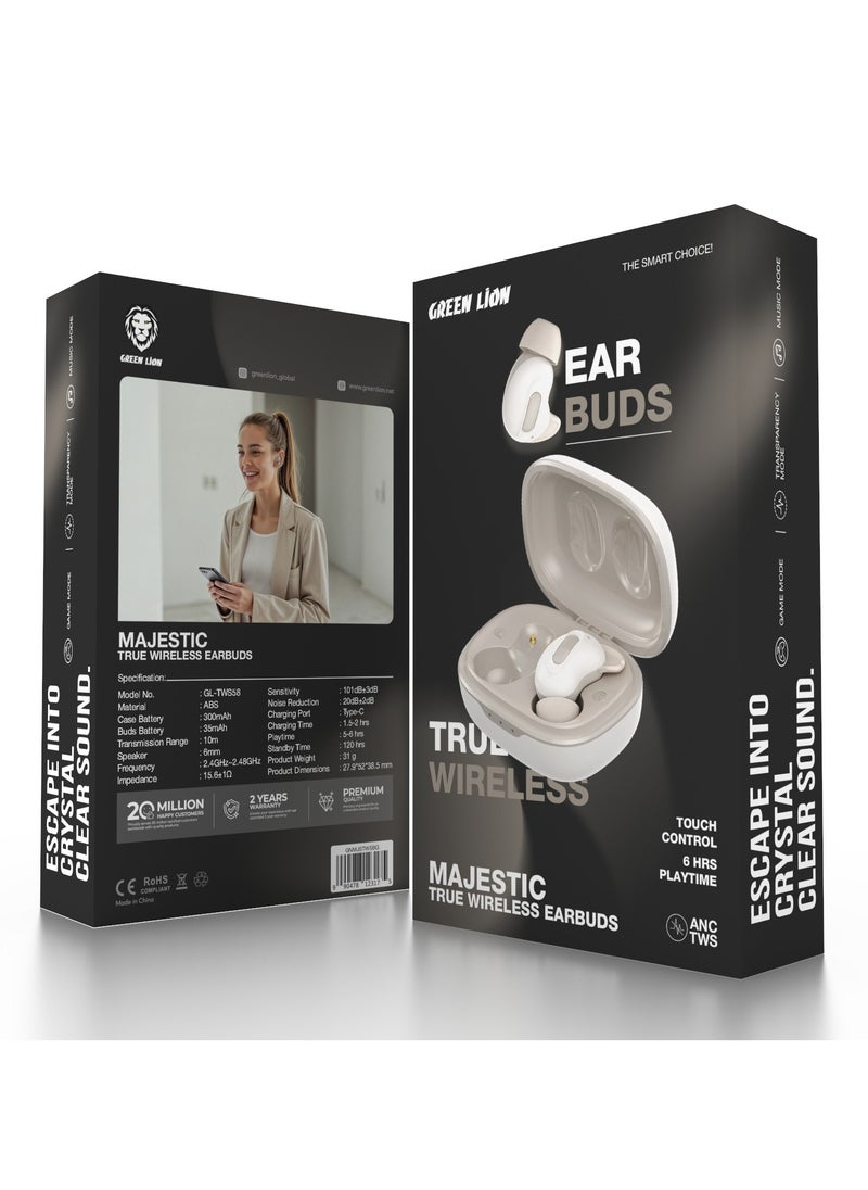 Majestic True Wireless Earbuds TWS with ANC and Touch Control / Music Mode / Game Mode / Voice Assistant Mode / Transparency Mode / High-Definition Microphone - Beige