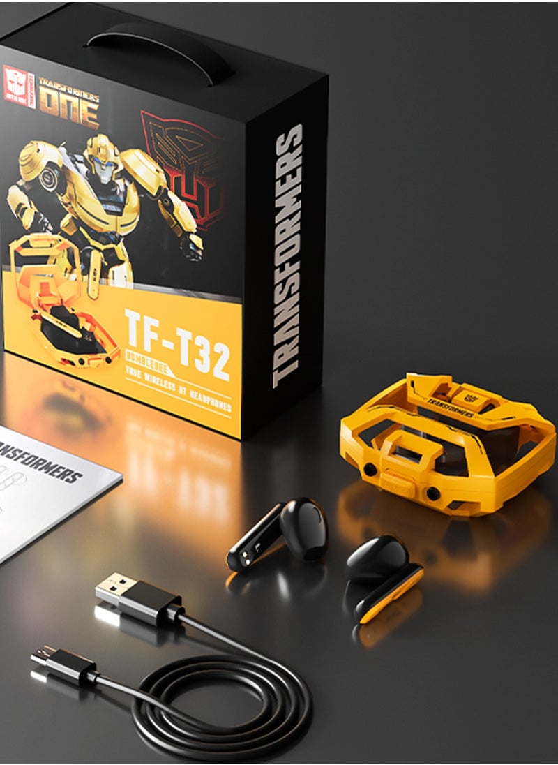 TF-T32 TWS Bluetooth Earphones – 13mm Dynamic Drivers, Bluetooth 5.4, Fast Charging, Gaming Mode, Compact Design - Yellow
