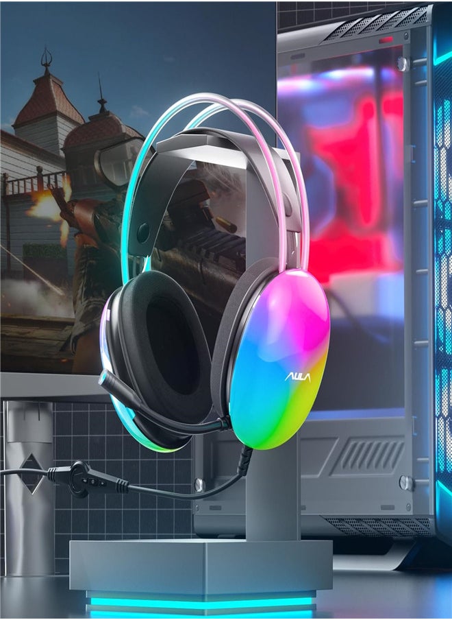 S505 Gaming Headset with Microphone for PC, RGB Rainbow Backlight, Virtual 7.1 Surround Sound, 50mm Drivers, Soft Memory Ear Cups, Wired Laptop Desktop Professional Gaming Headset