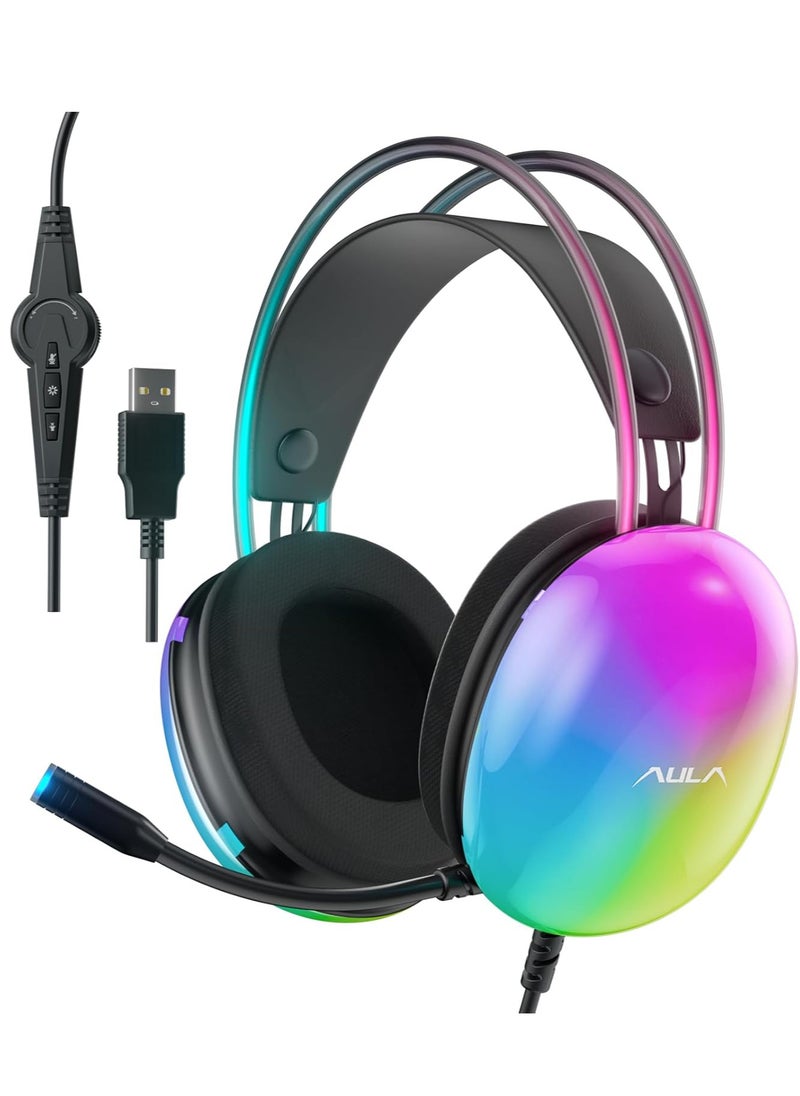 S505 Gaming Headset with Microphone for PC, RGB Rainbow Backlight, Virtual 7.1 Surround Sound, 50mm Drivers, Soft Memory Ear Cups, Wired Laptop Desktop Professional Gaming Headset