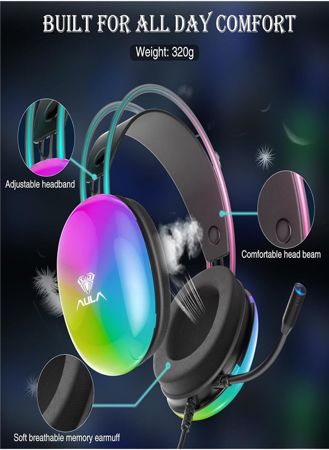 S505 Gaming Headset with Microphone for PC, RGB Rainbow Backlight, Virtual 7.1 Surround Sound, 50mm Drivers, Soft Memory Ear Cups, Wired Laptop Desktop Professional Gaming Headset