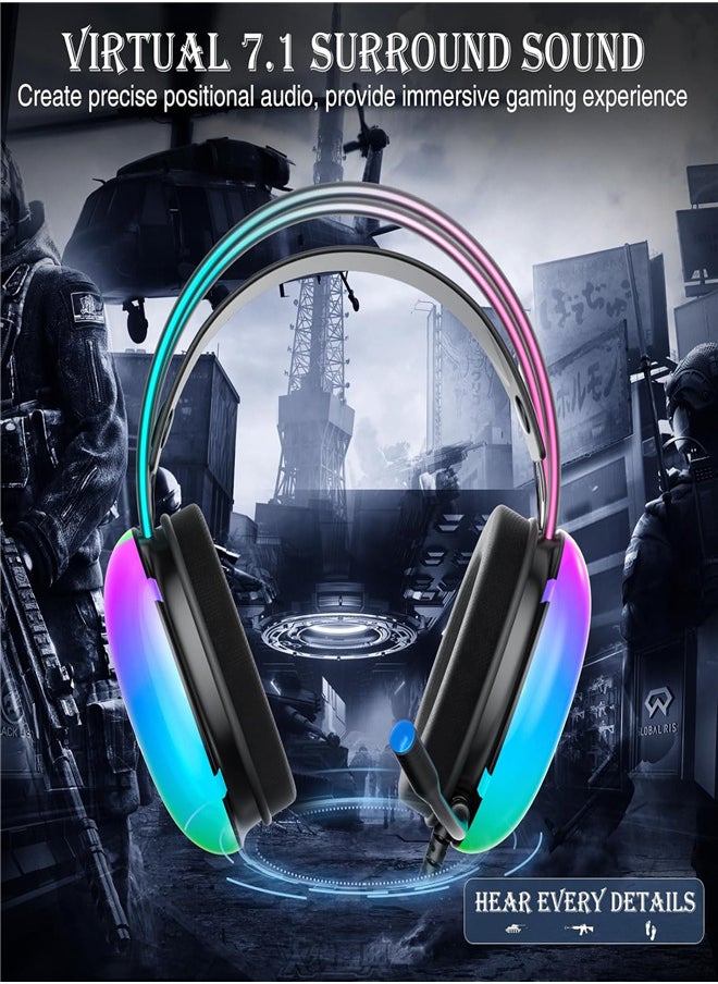 S505 Gaming Headset with Microphone for PC, RGB Rainbow Backlight, Virtual 7.1 Surround Sound, 50mm Drivers, Soft Memory Ear Cups, Wired Laptop Desktop Professional Gaming Headset