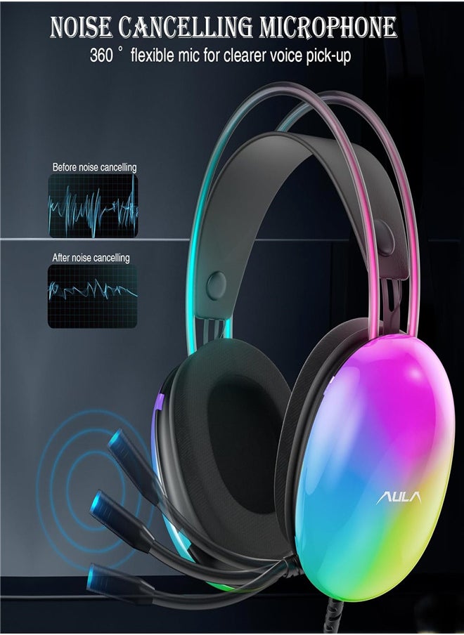 S505 Gaming Headset with Microphone for PC, RGB Rainbow Backlight, Virtual 7.1 Surround Sound, 50mm Drivers, Soft Memory Ear Cups, Wired Laptop Desktop Professional Gaming Headset