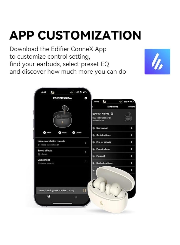 X5 Pro Active Noise Cancelling Earbuds with AI-Powered Calls, Fast Charge, Game Mode, App Customization, IP55 Waterproof, True Wireless Bluetooth 5.3 Earphones - Black