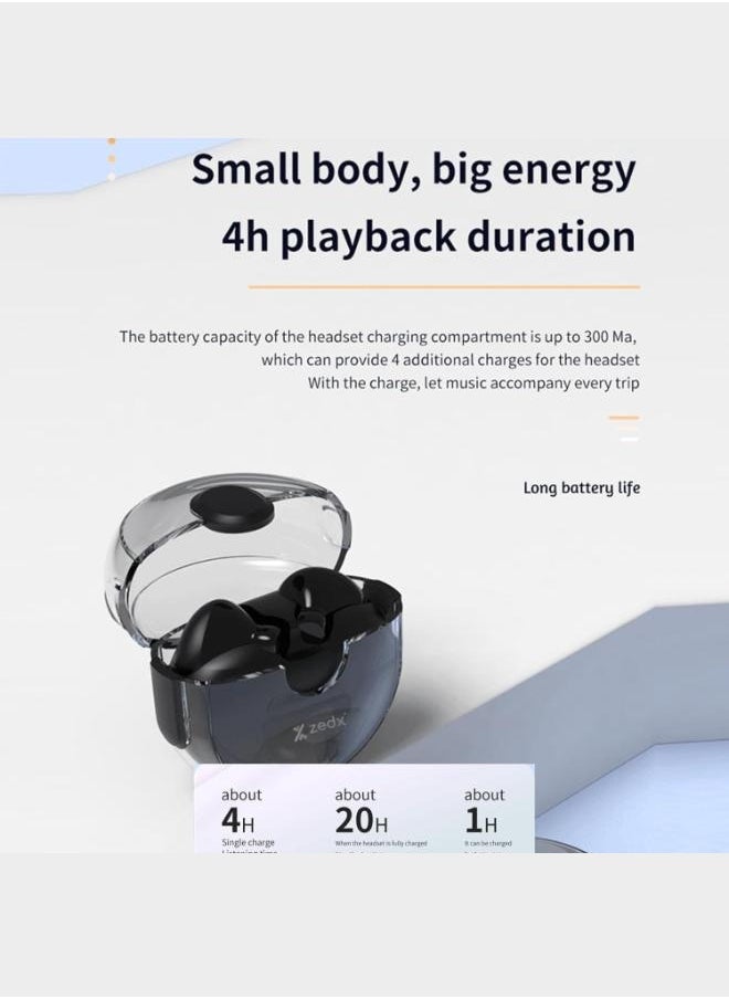 Zedx ACE PRO J21 Original Proof V5.4 True Bluetooth Wireless Earbuds, ENC Mic, Clear Sound, Type C, 30H Playtime, IPX4 Water Resistance, Wireless Earphones Transparent,black