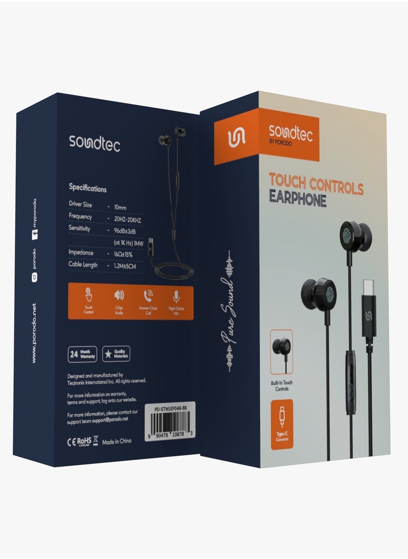 Earphone with Touch Controls and Type-C Connector / High-Clarity Mic / Crisp Audio / Answer-Close Call / Stable and Fast Connection - Black