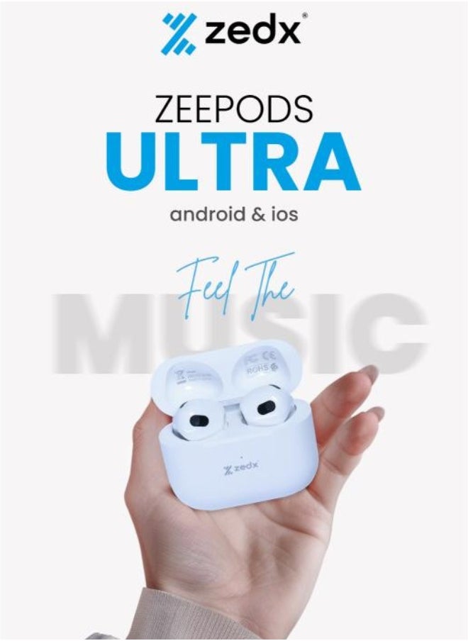 ZEDX Zeepods Pro True Wireless Earphones with Powerful Bass and ENC Noise Cancellation, TWS Bluetooth, Clear Calls, and Premium Sound (White)