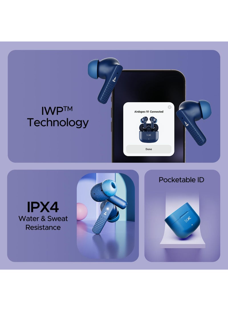 Airdopes 91 In Ear Tws Earbuds With 45 Hrs Playtime, Beast Mode With 50 Ms Low Latency, Dual Mics With Enx, Asap Charge, Iwp Tech, Ipx4 & Bluetooth V5.3 Starry Blue