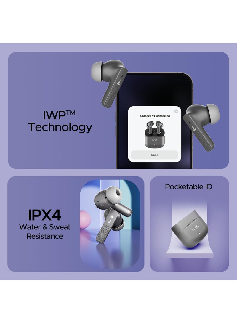 Airdopes 91 In Ear TWS Earbuds with 45 hrs Playtime, Beat Mode with 50 ms Low Latency, Dual Mics with ENx, ASAP Charge, IWP Tech, IPX4 & Bluetooth v5.3 Mist Grey