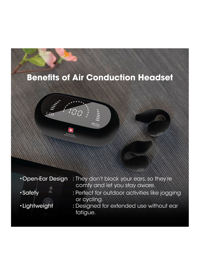 Swiss Military Delta Active Noise Cancelling Earbuds - Air Conduction Technology, Smart Touch Sensors, 100 Precise Power Indicator, 5 Hr Music Time, Compatible with Android/iOS - Black