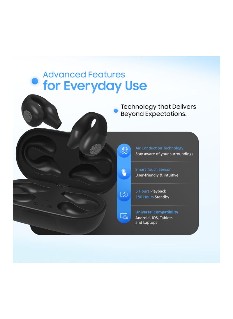 Swiss Military Delta Active Noise Cancelling Earbuds - Air Conduction Technology, Smart Touch Sensors, 100 Precise Power Indicator, 5 Hr Music Time, Compatible with Android/iOS - Black