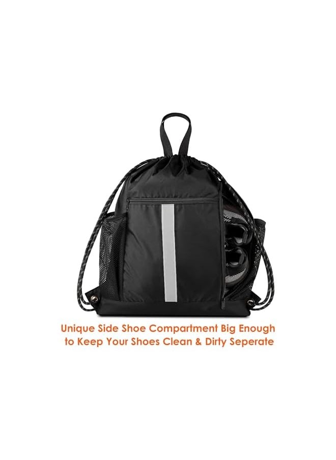 promass Drawstring Backpack Sports Gym Sackpack with Mesh Pockets Water Resistant String Bag for Women Men, Sport Draw String Back Bag with Shoes Compartment(Black)