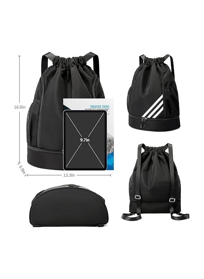 Drawstring Backpack Water Resistant String Bag Gym Sports with Shoe Compartment Side Mesh Pockets for Women Men Black, One Size