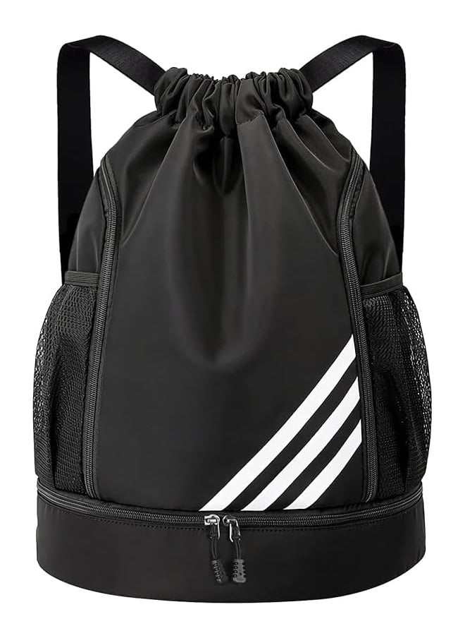 Drawstring Backpack Water Resistant String Bag Gym Sports with Shoe Compartment Side Mesh Pockets for Women Men Black, One Size