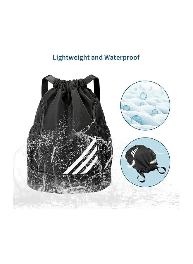 Drawstring Backpack Water Resistant String Bag Gym Sports with Shoe Compartment Side Mesh Pockets for Women Men Black, One Size